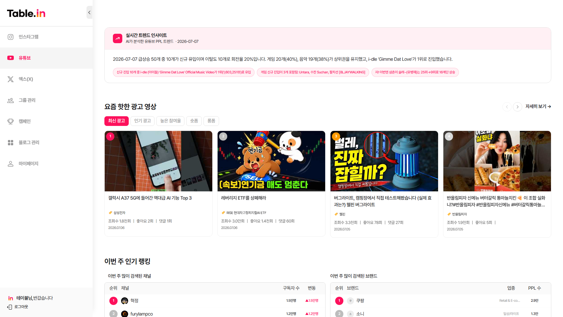 유튜브 홈 대시보드